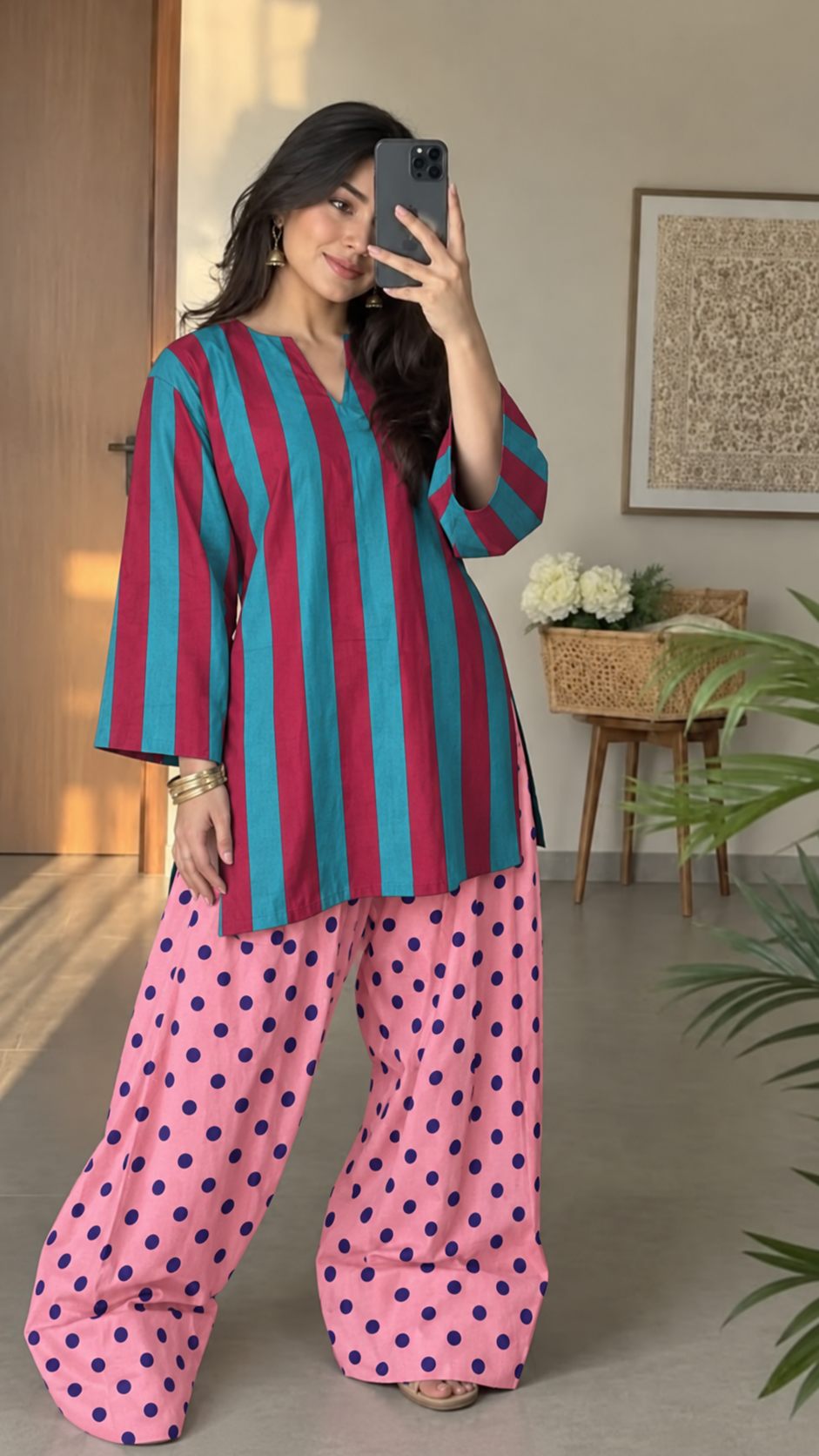 Teal and Magenta Striped and Pink and Navy Polka Dot Asymmetric Tunic and Palazzo Set