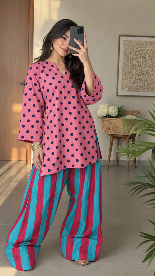 Pink and Navy Polka Dot and Teal and Magenta Striped Asymmetric Tunic and Palazzo Set