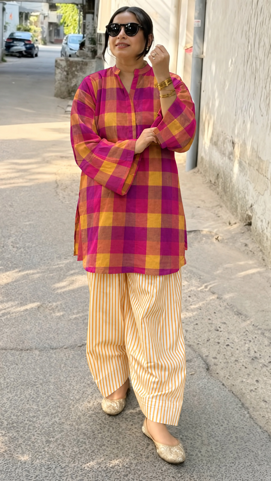 Magenta and Mustard Checked and Mustard Striped Band-Collar Kurta and Balloon Pant Set