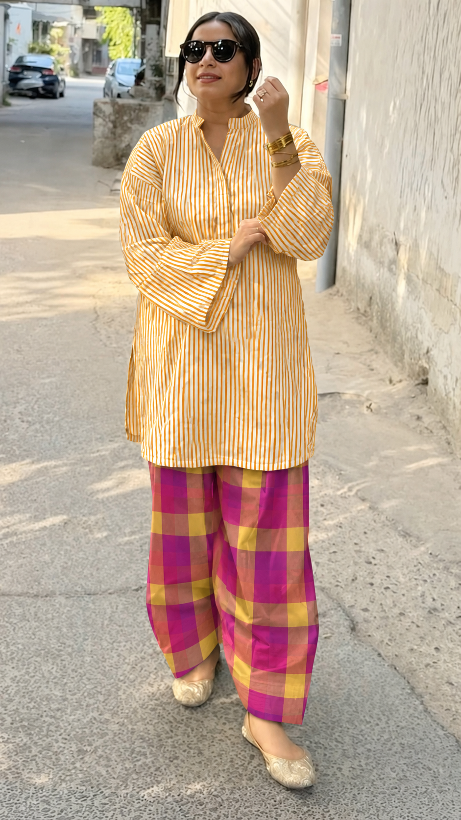 Mustard Striped and Magenta and Mustard Checked Band-Collar Kurta and Balloon Pant Set