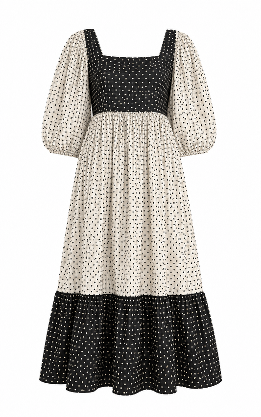 Cream and Black Polka Dot with Black and White Polka Dot Square-Neck Tiered Maxi Dress