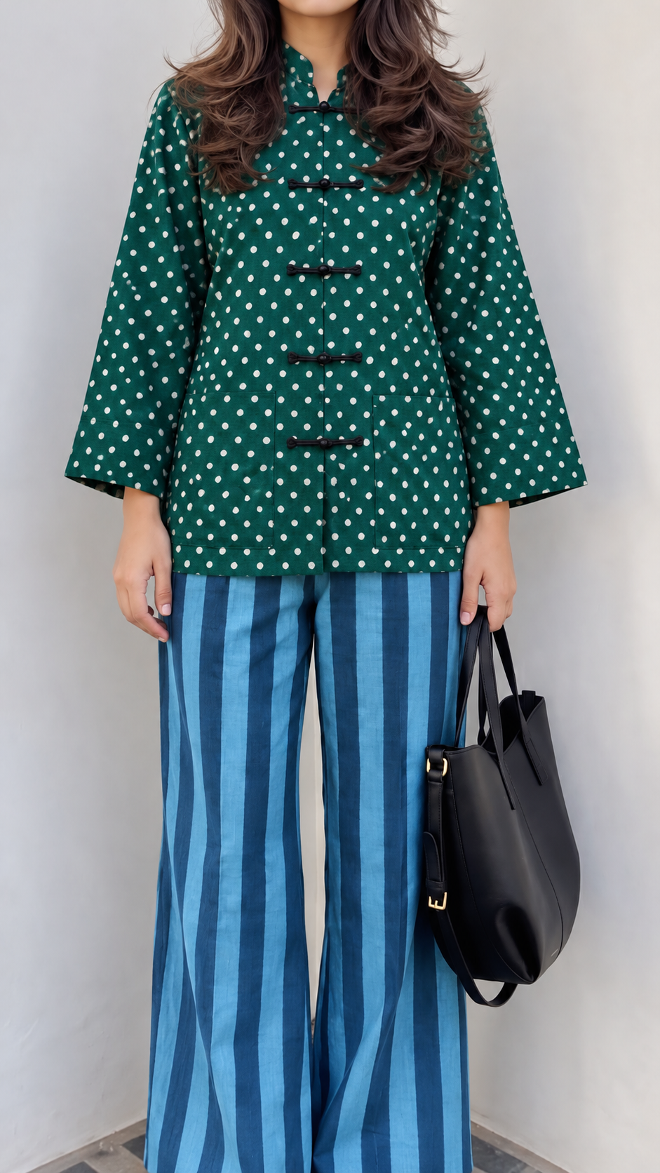Emerald and White Polka Dot and Blue and Black Striped Frog-Button Jacket and Trouser Set