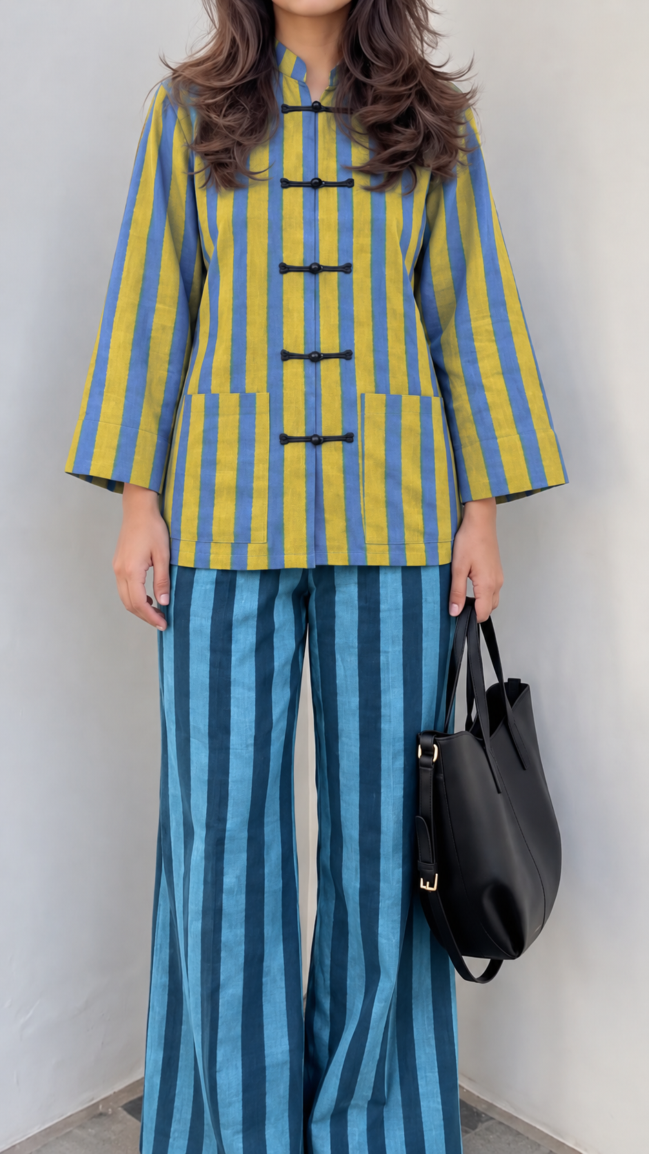 Blue and Yellow Striped and Blue and Black Striped Frog-Button Jacket and Trouser Set