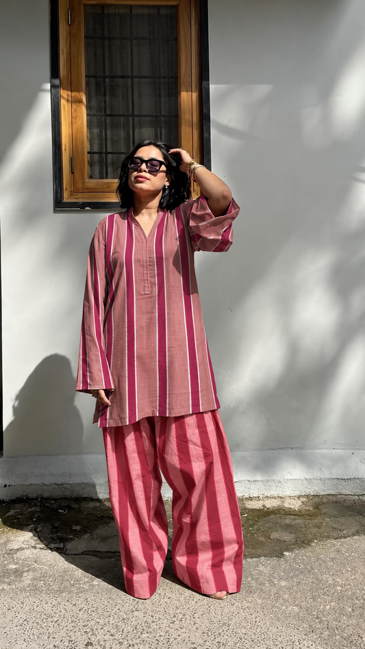 Mauve and Pink Striped and Pink Striped V-Neck Tunic and Barrel Pant Set