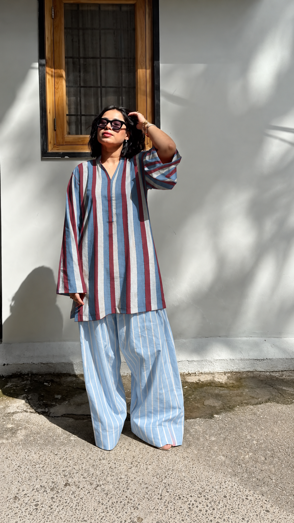 Blue and Rust Striped and Pale Blue Striped V-Neck Tunic and Barrel Pant Set