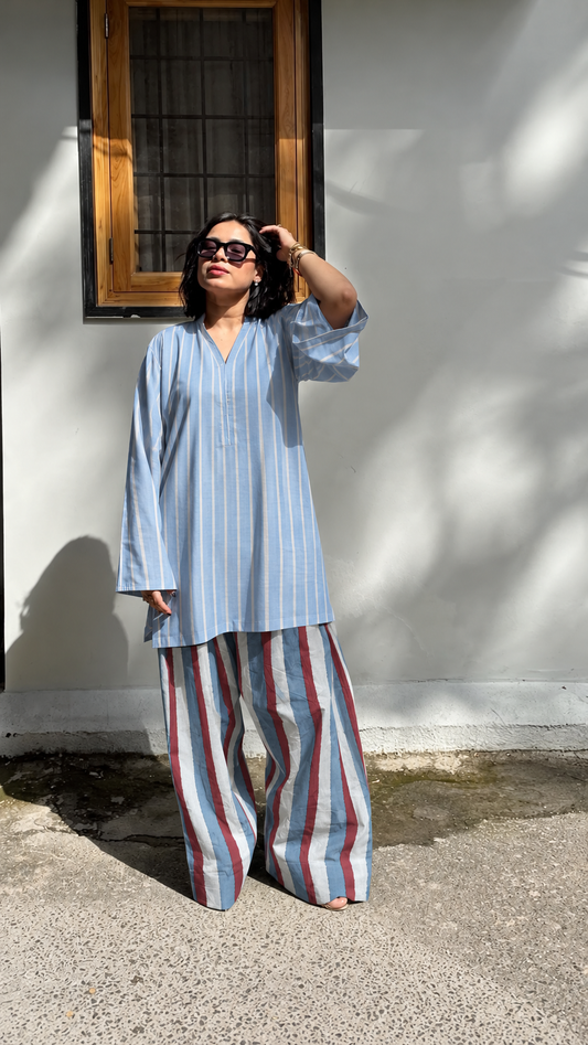 Pale Blue Striped and Blue and Rust Striped V-Neck Tunic and Barrel Pant Set