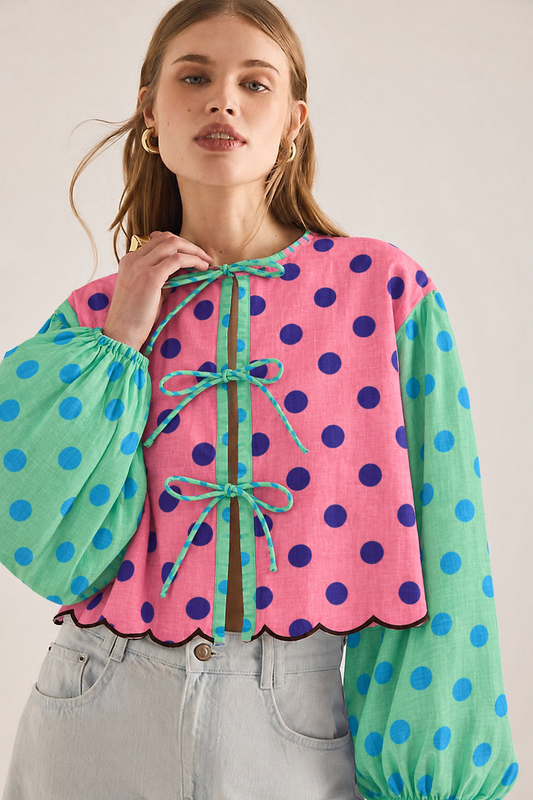 Pink and Navy Polka Dot and Aqua and Blue Polka Dot Tie-Front Balloon-Sleeve Blouse