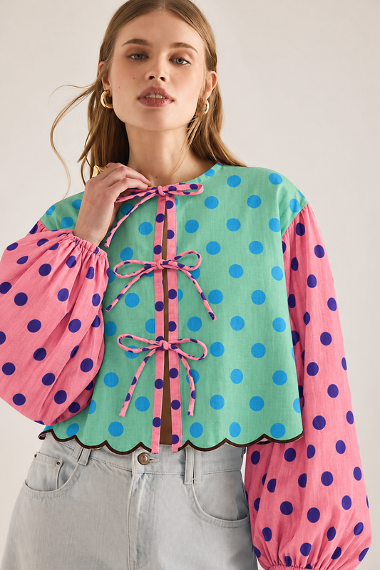 Aqua and Blue Polka Dot and Pink and Navy Polka Dot Tie-Front Balloon-Sleeve Blouse