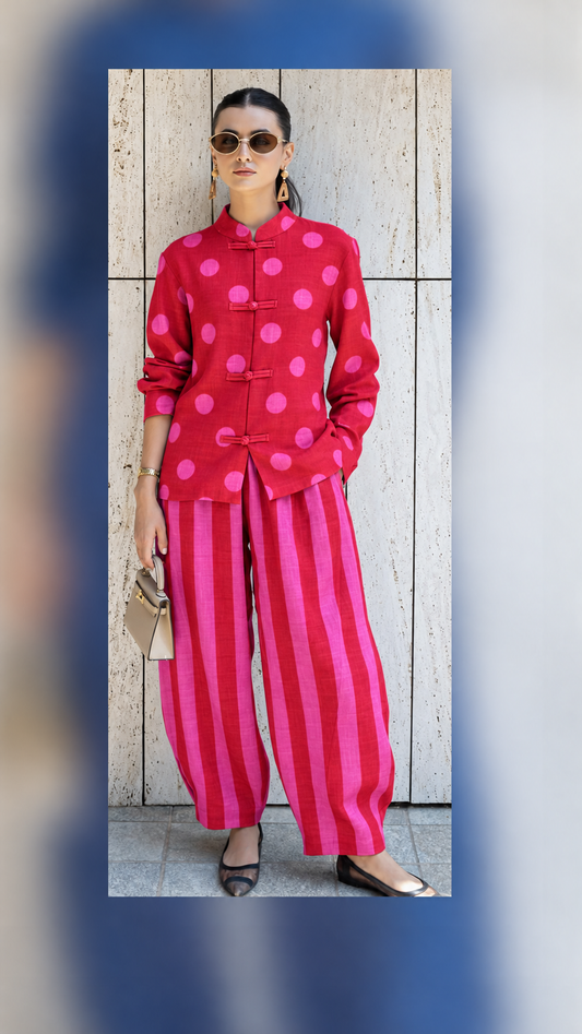Red and Pink Polka Dot and Pink Striped Frog-Button Tunic and Balloon Pant Set