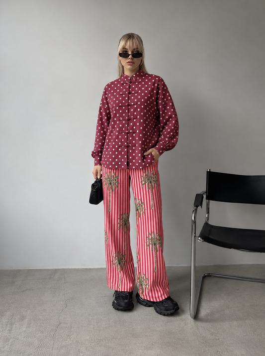 Maroon and White Polka Dot and Pink Floral Striped Frog-Button Shirt and Trouser Set