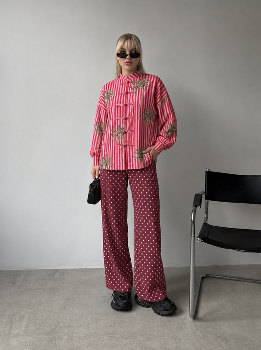 Pink Floral Striped and Maroon and White Polka Dot Frog-Button Shirt and Trouser Set