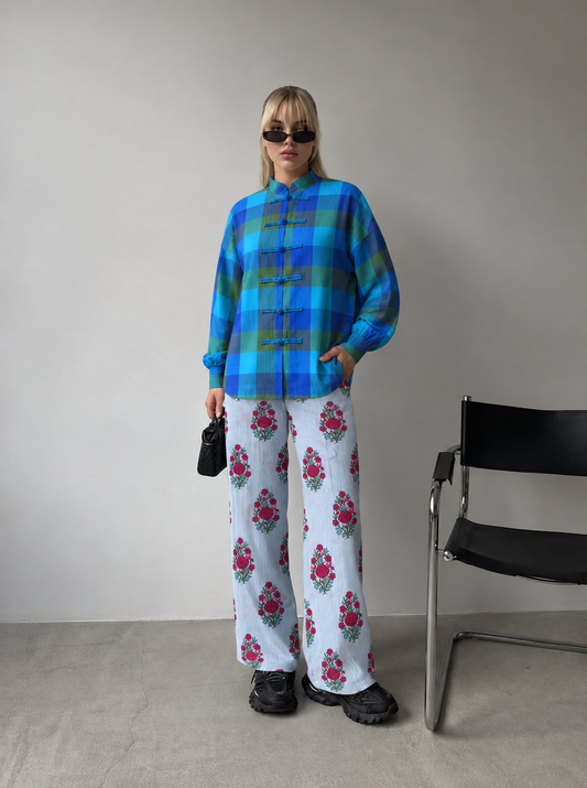 Blue and Green Checked and Pale Blue Floral Frog-Button Shirt and Trouser Set