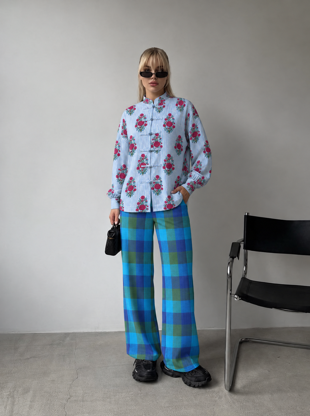 Pale Blue Floral and Blue and Green Checked Frog-Button Shirt and Trouser Set