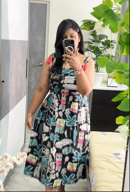 Black Botanical Flared Midi Dress