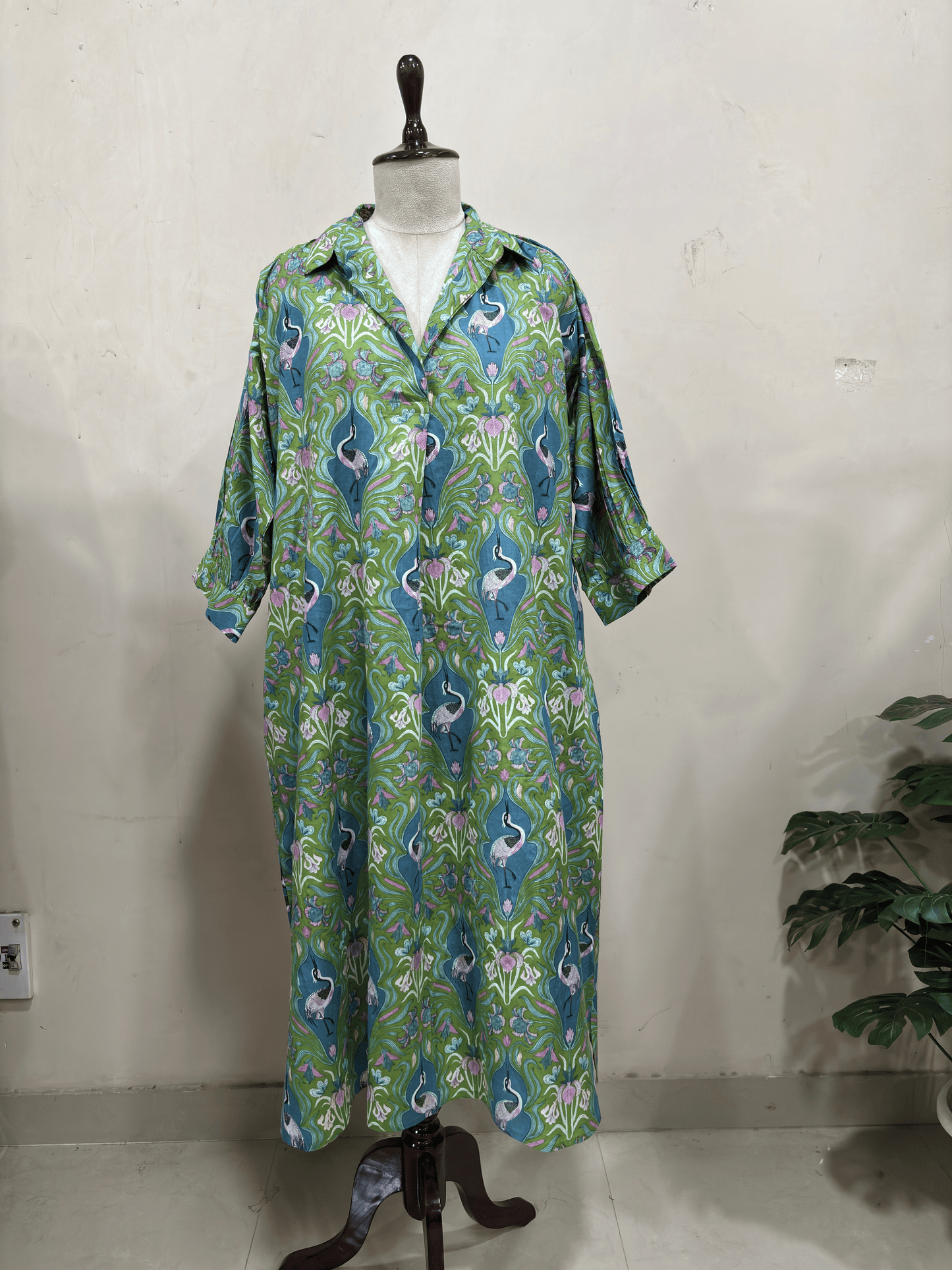 Sage Green Flamingo Button-Down Dress