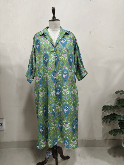 Sage Green Flamingo Button-Down Dress
