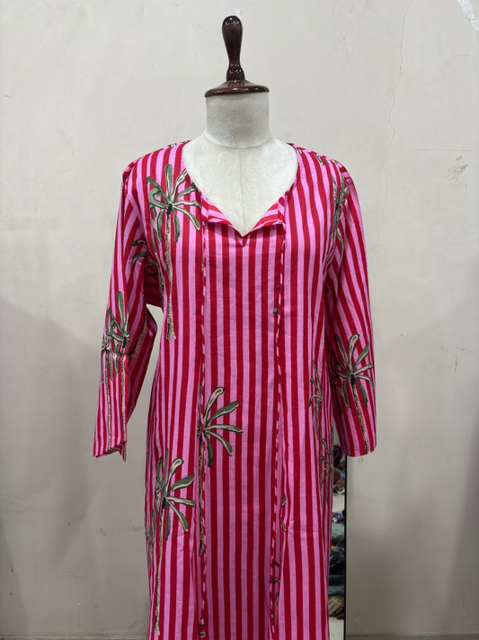 Pink Striped Palm Printed Dress