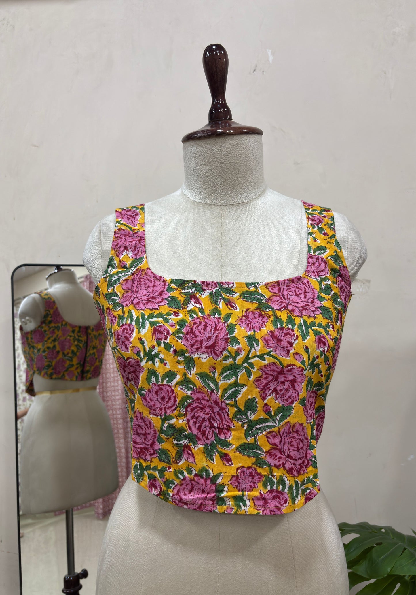 Mustard Yellow Floral Printed Square Neck Crop Top
