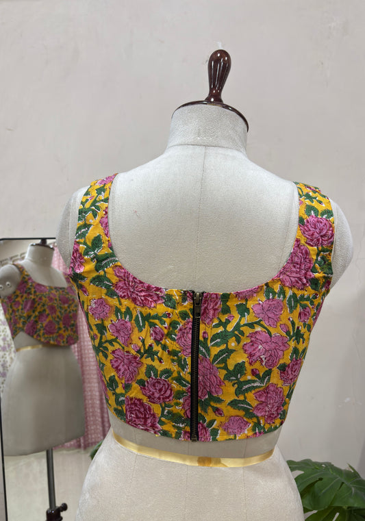 Mustard Yellow Floral Printed Square Neck Crop Top