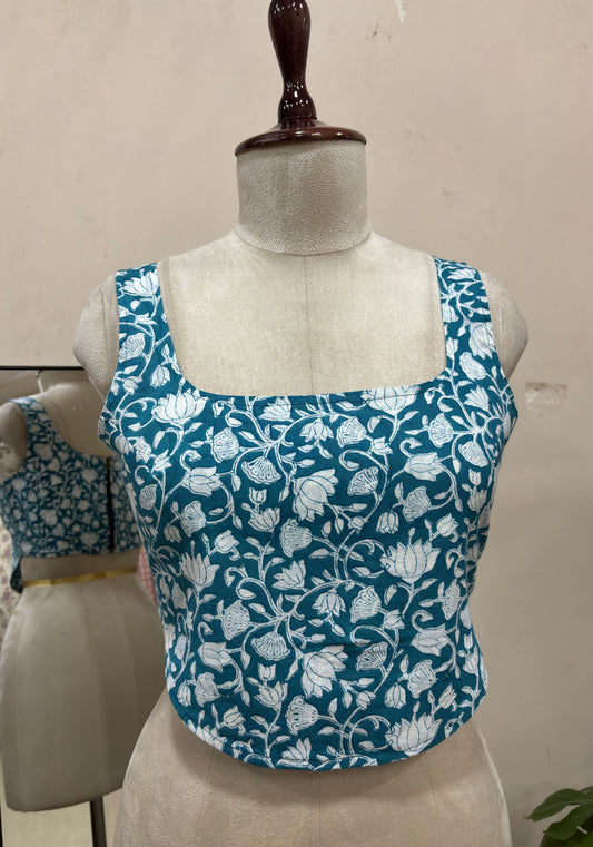Teal Blue Floral Printed Square Neck Crop Top