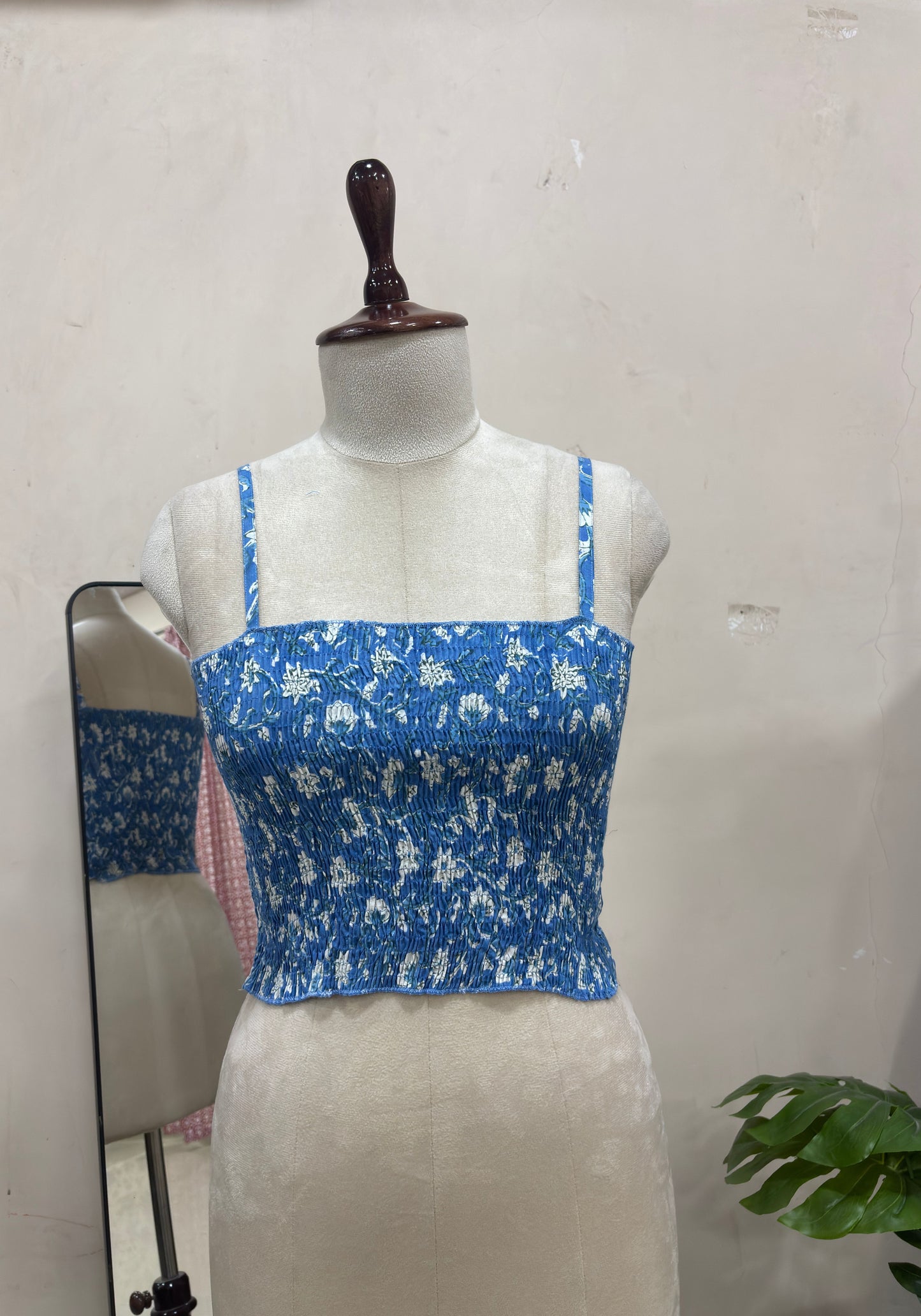 Blue Floral Smocked Crop Top