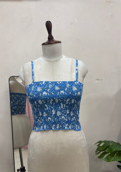 Blue Floral Smocked Crop Top