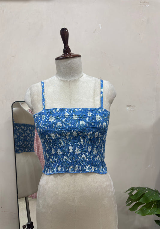 Blue Floral Smocked Crop Top
