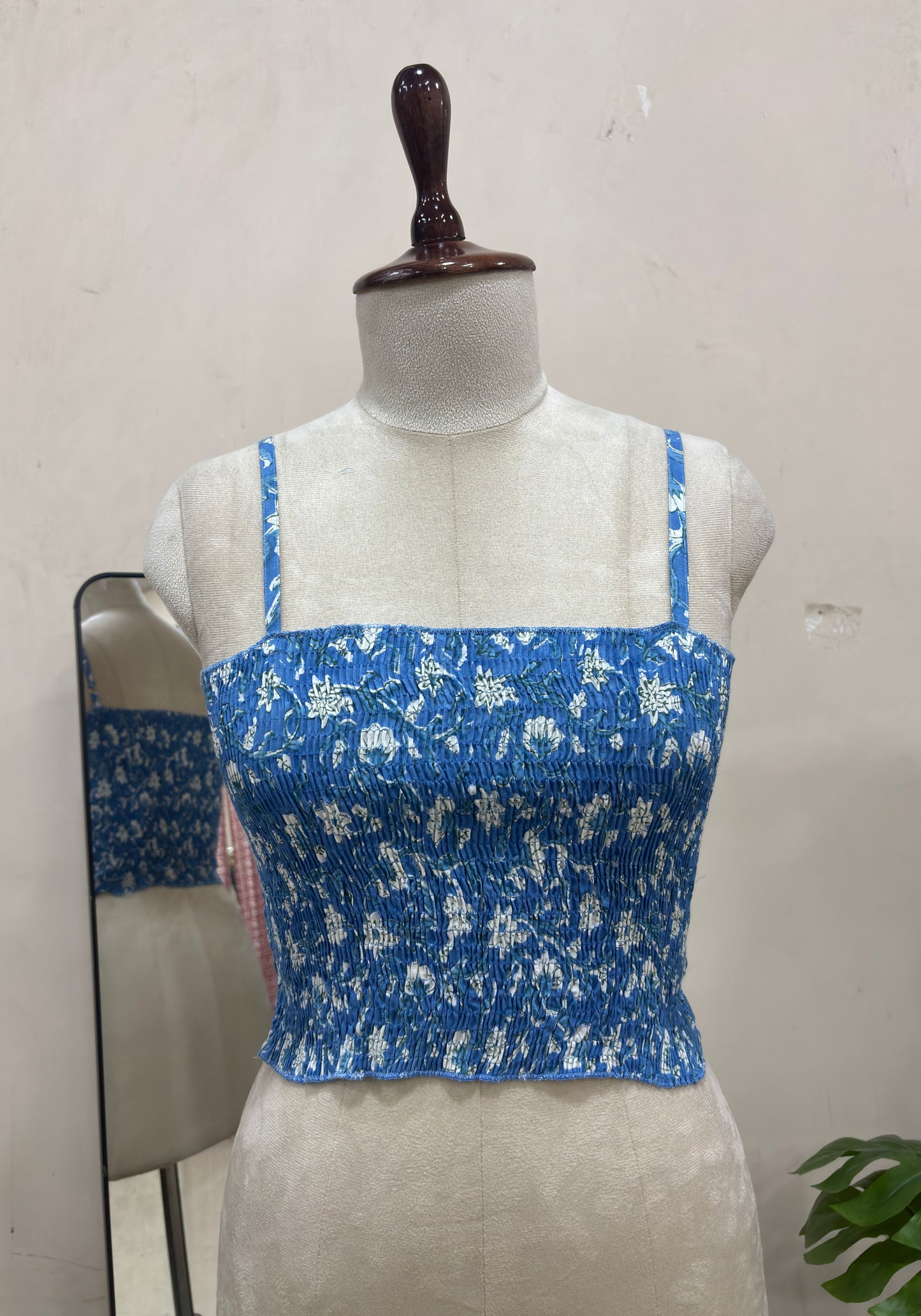 Blue Floral Smocked Crop Top