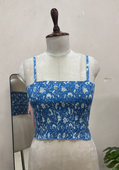 Blue Floral Smocked Crop Top