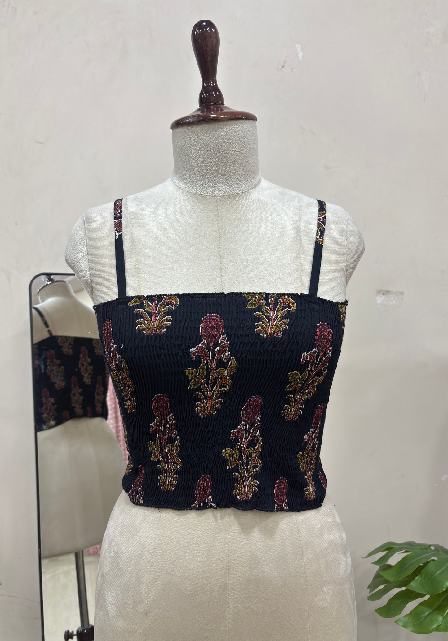 Black Floral Smocked Crop Top