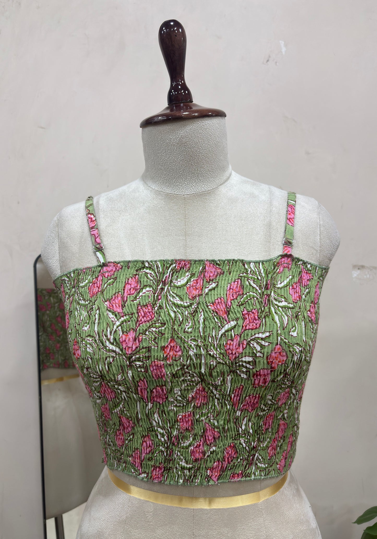Olive Green Floral Smocked Crop Top