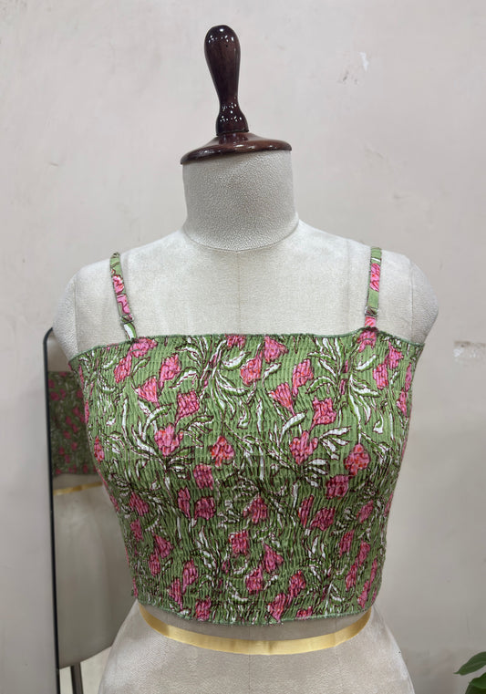 Olive Green Floral Smocked Crop Top
