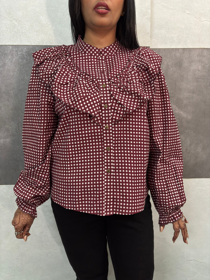 Maroon Checkered Ruffle Elegance Top