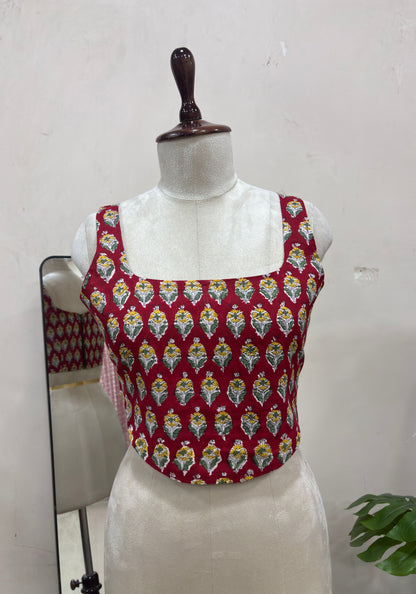 Maroon Printed Square Neck Sleeveless Top