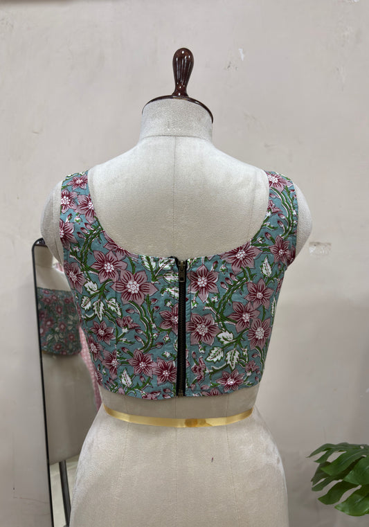 Blue Floral Printed Square Neck Sleeveless Top