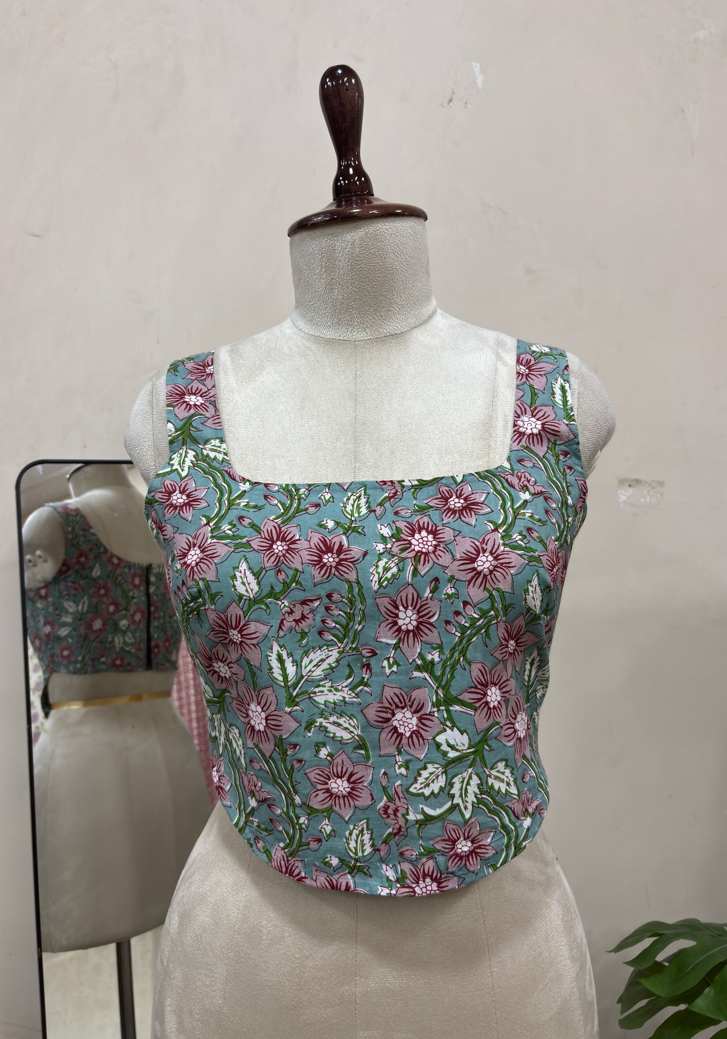 Blue Floral Printed Square Neck Sleeveless Top