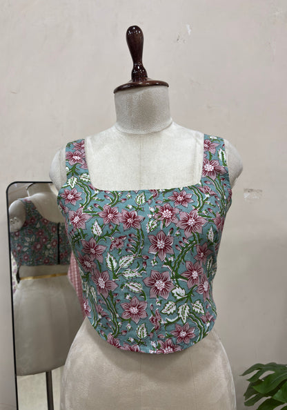 Blue Floral Printed Square Neck Sleeveless Top