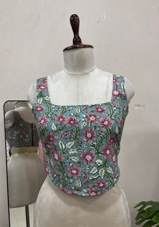 Blue Floral Printed Square Neck Sleeveless Top