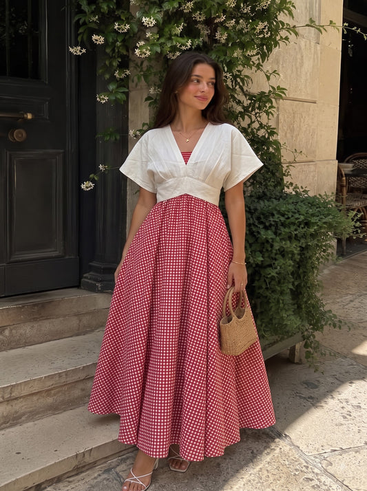 Rosso Small Gingham Flare Skirt with Ivory Top Set