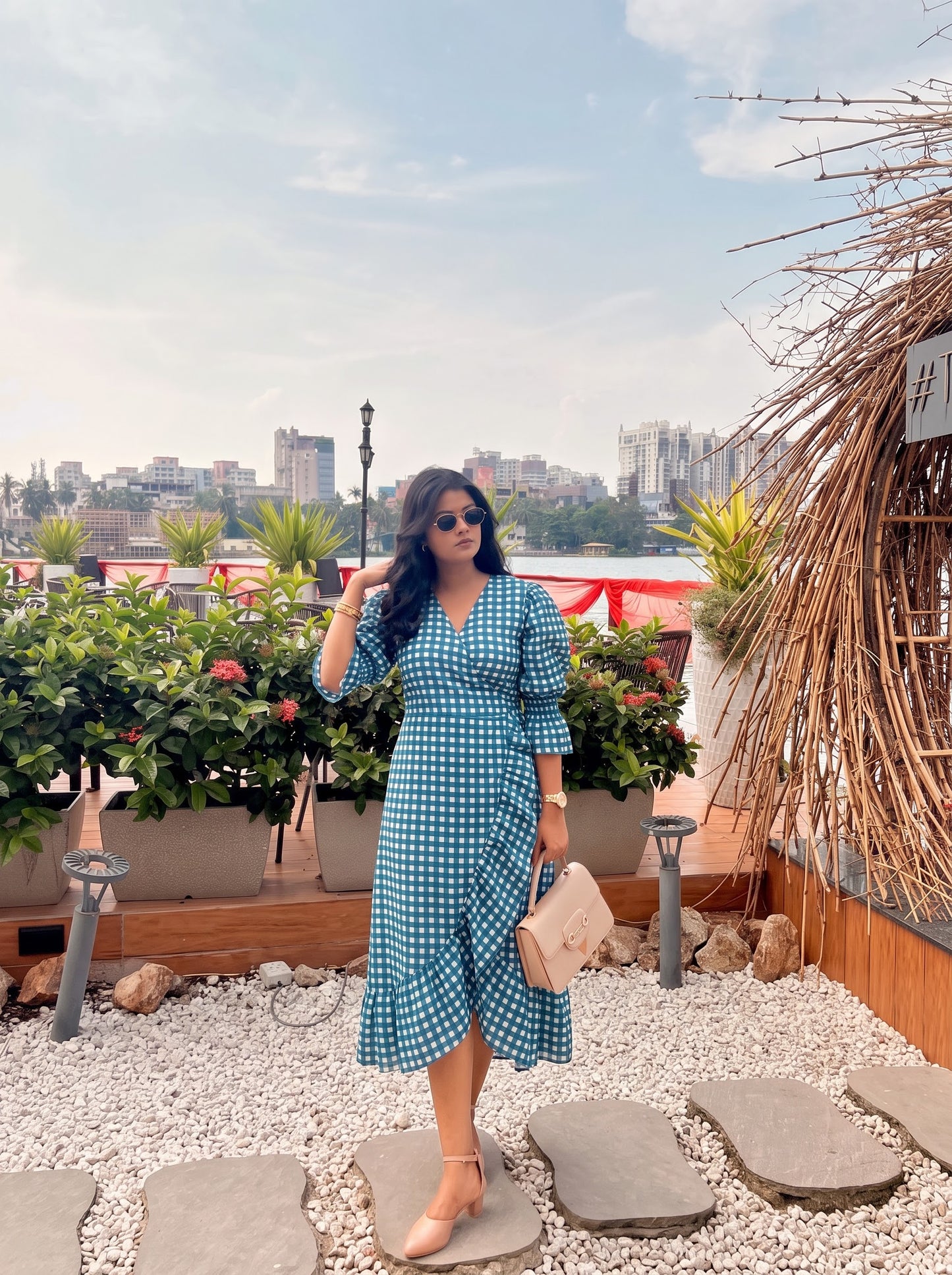 Teal Check Wrap Dress