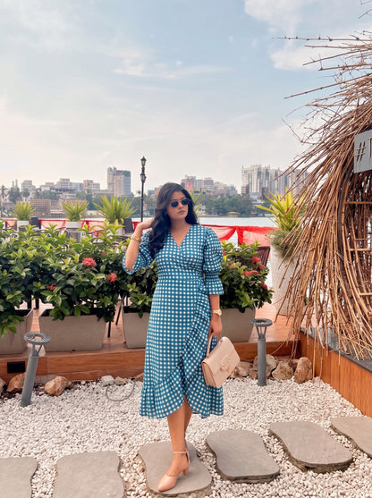Teal Check Wrap Dress