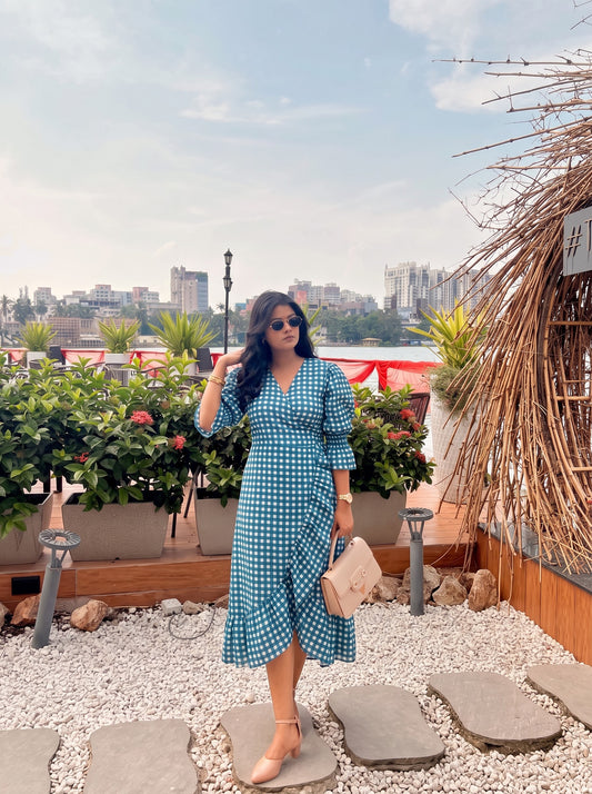 Teal Check Wrap Dress