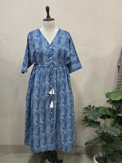 Blue Chevron Print Button-Down Dress