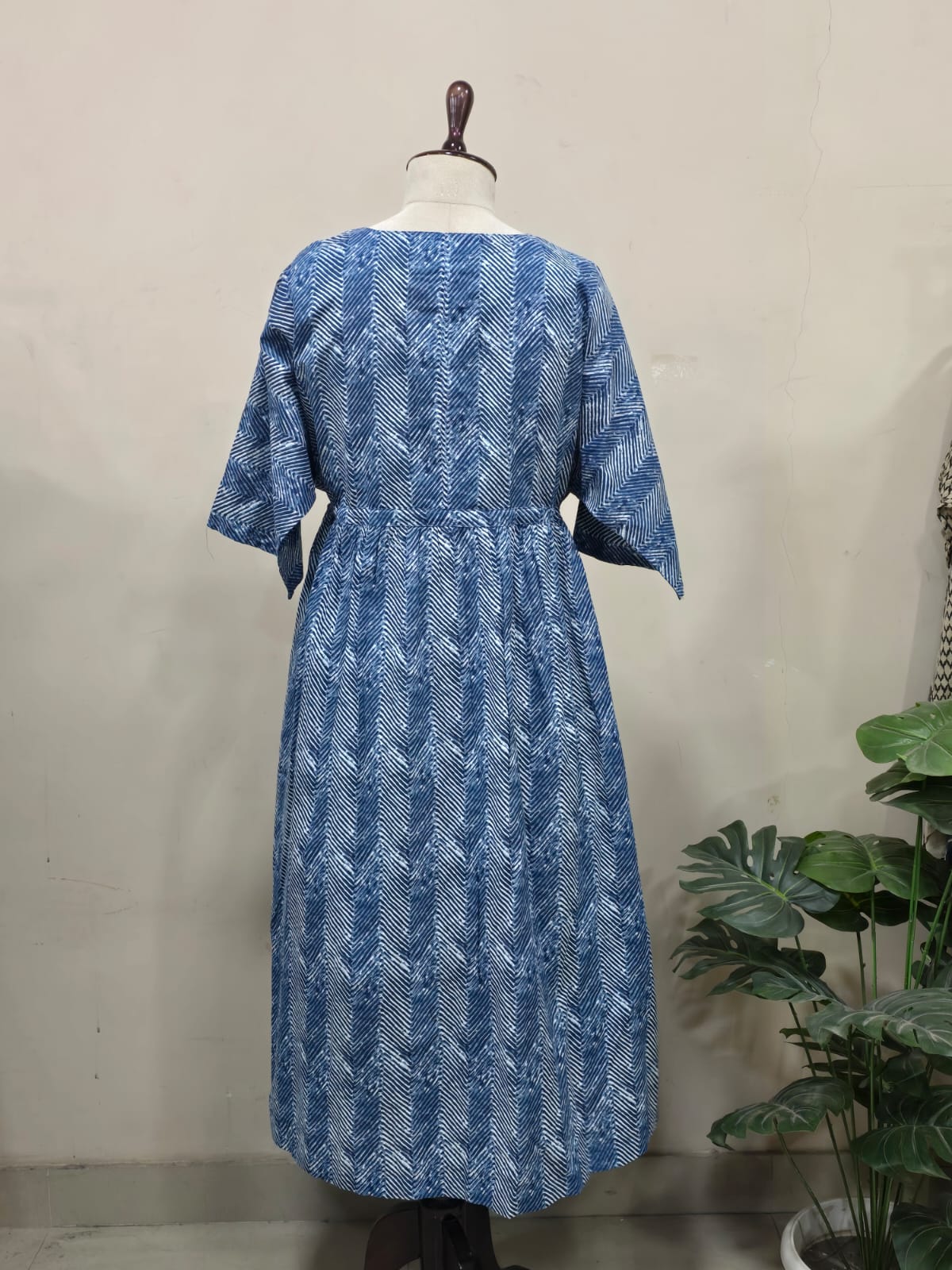 Blue Chevron Print Button-Down Dress