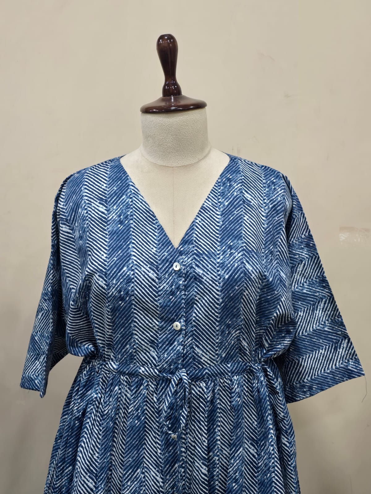 Blue Chevron Print Button-Down Dress