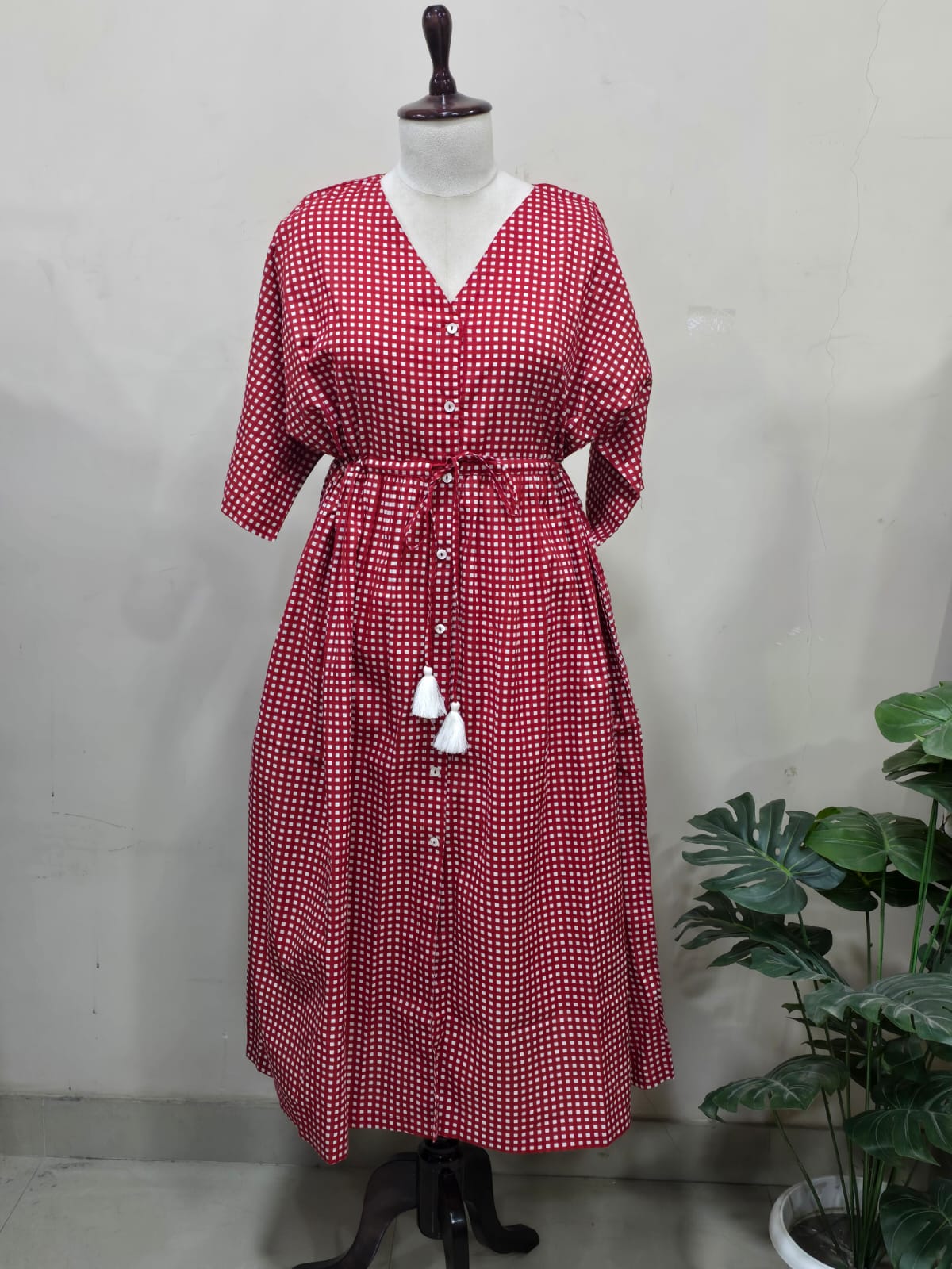 Red Checkered Button-Down Dress