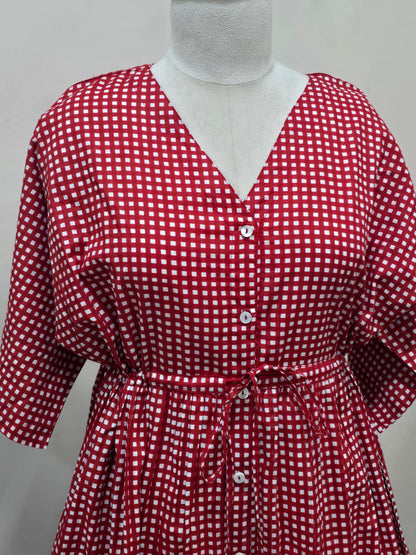 Red Checkered Button-Down Dress