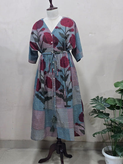 Crimson Flora Checkered Kaftan Dress