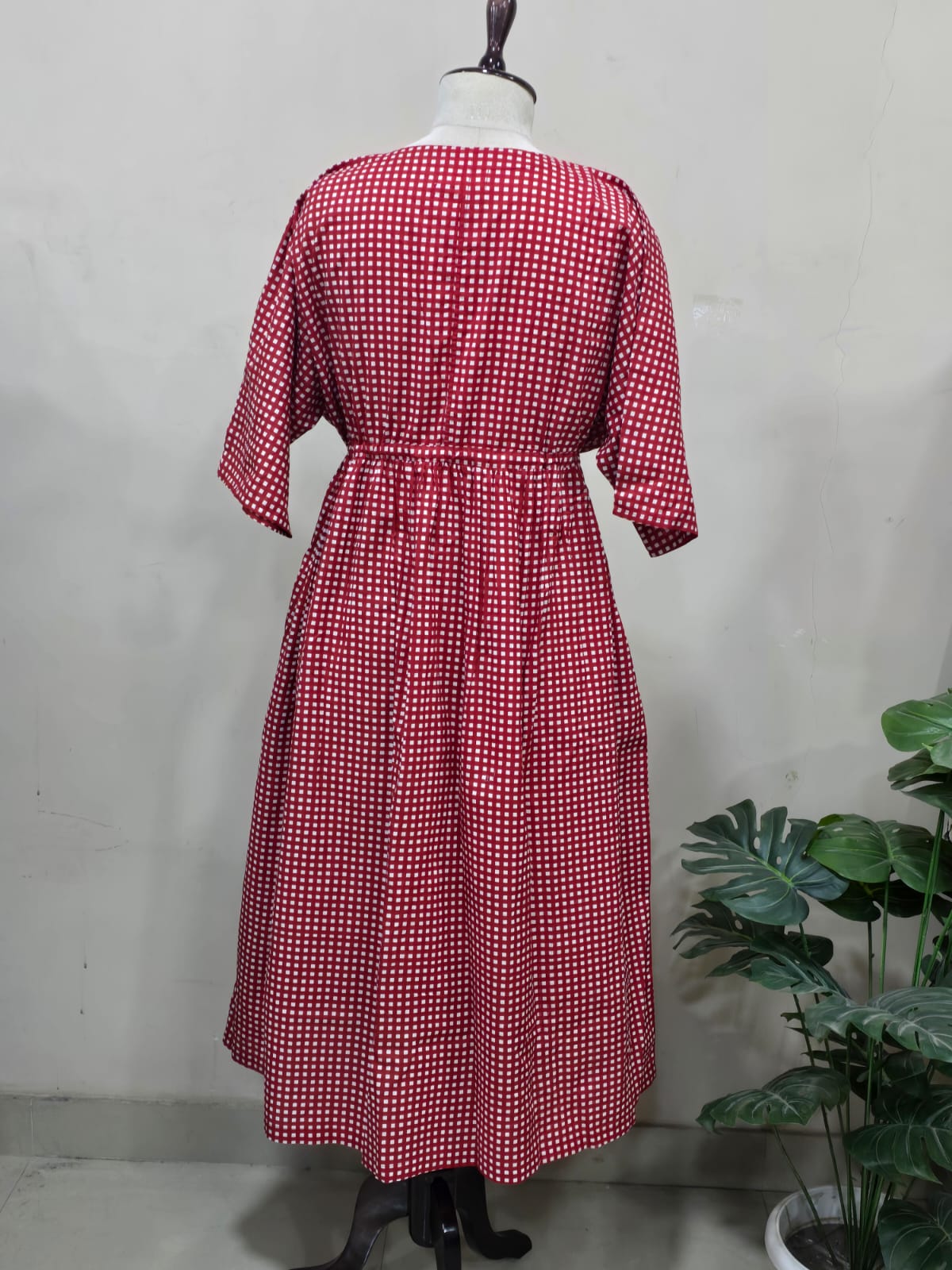 Red Checkered Button-Down Dress