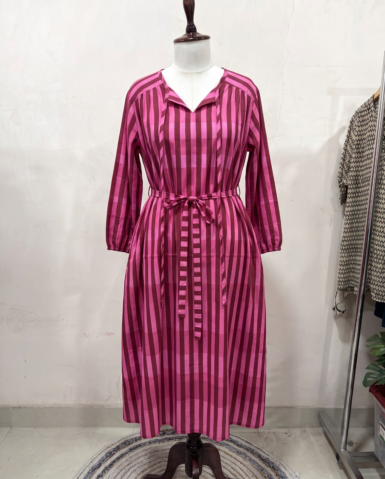 Pink Striped Tie-Waist Midi Dress